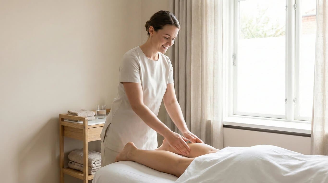 Massaggio linfodrenante: manualità su gambe, sensazione di leggerezza, luce calda e calma.