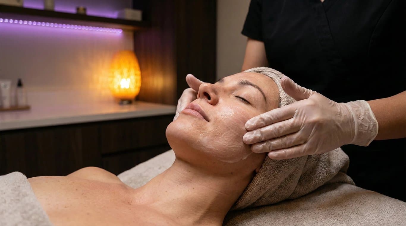 Pulizia viso in cabina: manualità delicata, pelle luminosa, texture morbida, atmosfera rilassante.