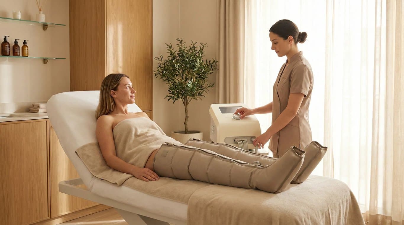 Pressoterapia: gambali e compressione ritmica, sensazione di leggerezza, atmosfera pulita e confortevole.