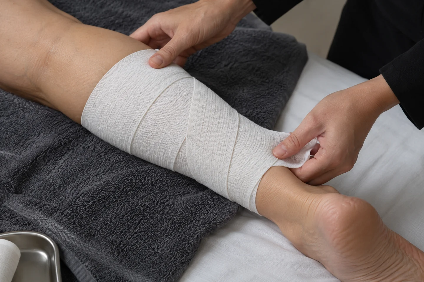 Sistemazione di un bendaggio cosmetico intorno al polpaccio