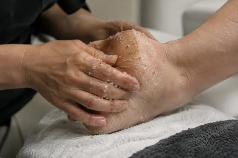 Scrub cosmetico su tallone e caviglia