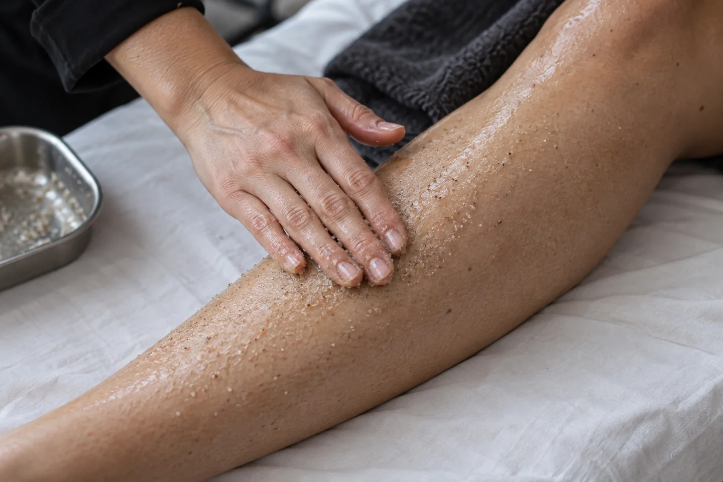Applicazione manuale di scrub cosmetico sulla gamba