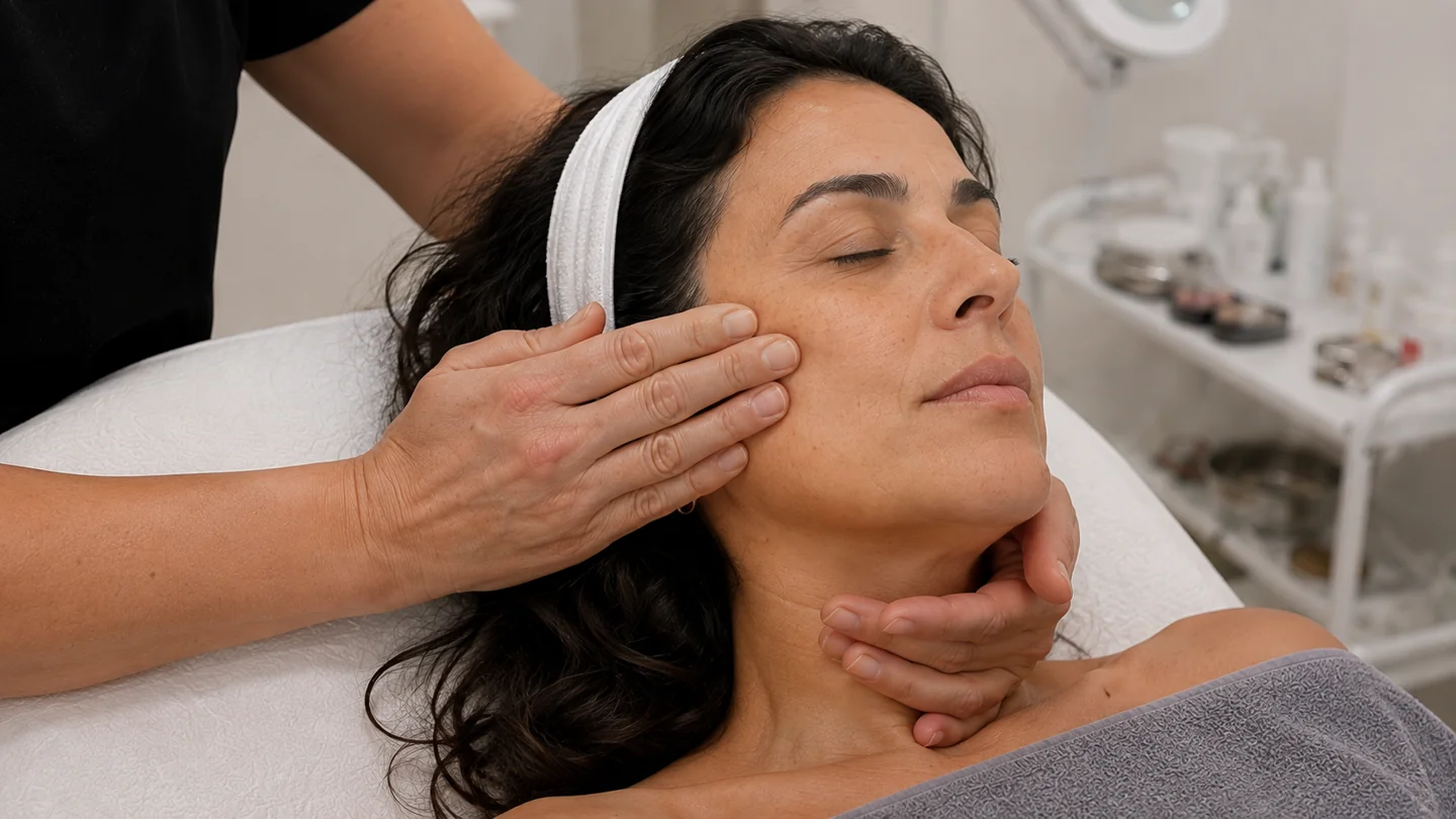Manualità sulle guance durante un trattamento viso