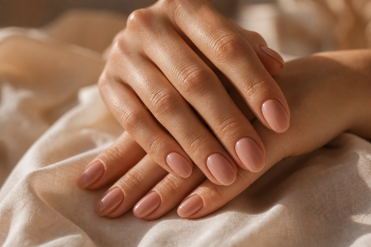 Manicure semipermanente professionale — mani eleganti con smalto gel nude su tessuto chiaro