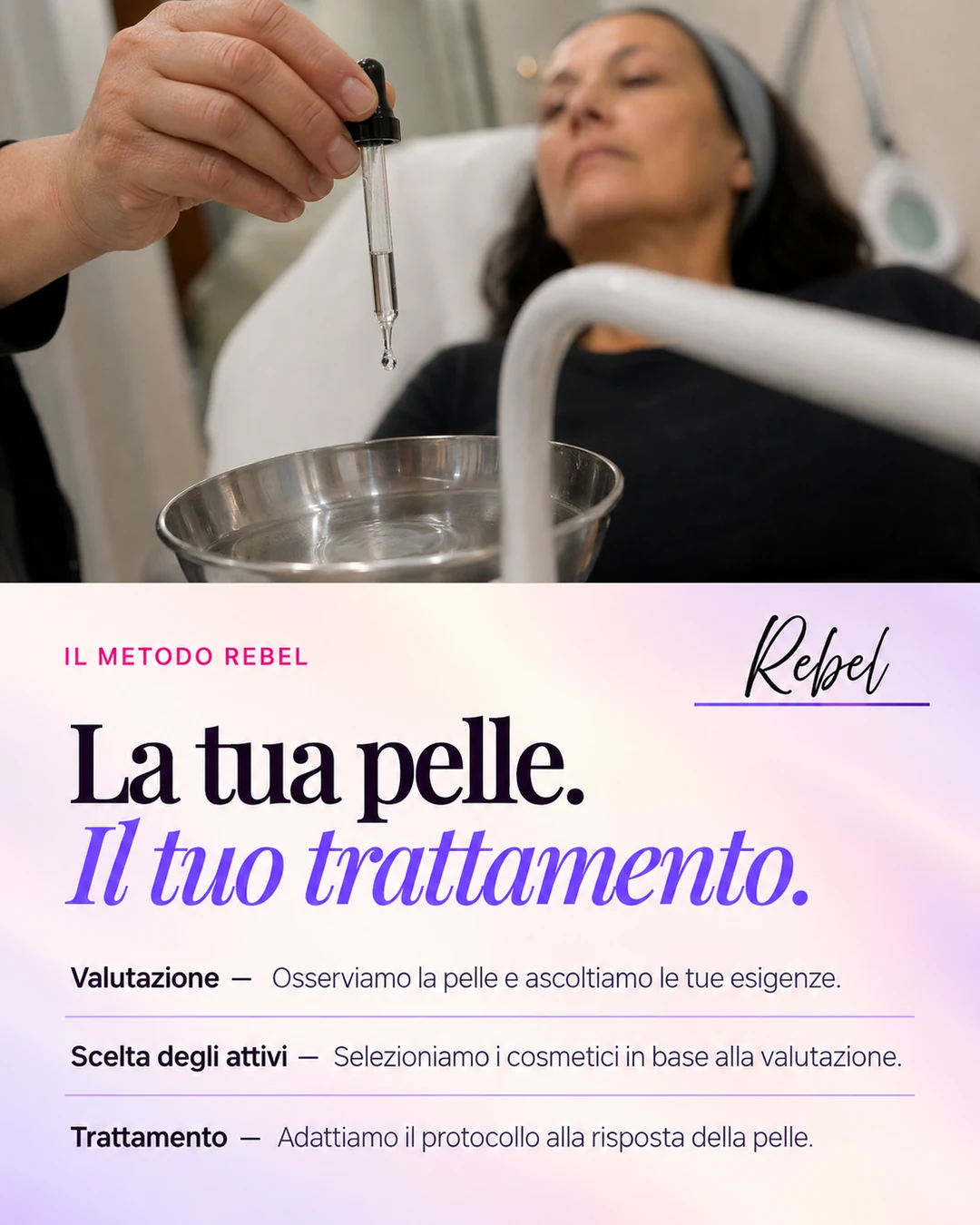 Il metodo REBEL: valutazione della pelle e trattamento personalizzato.