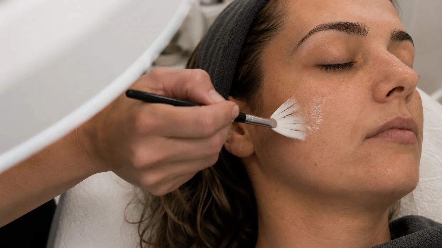 Trattamento viso Glow REBEL: applicazione degli attivi con un pennello a ventaglio.