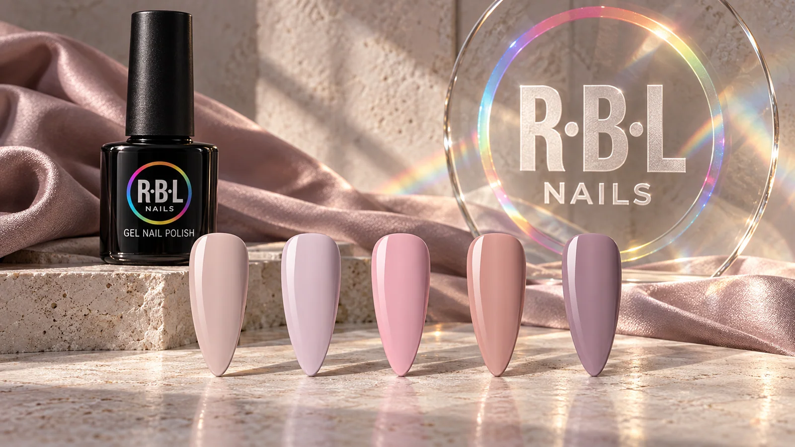 Tips rosa e nude della collezione ufficiale RBL Rosa in Polvere, con flacone gel