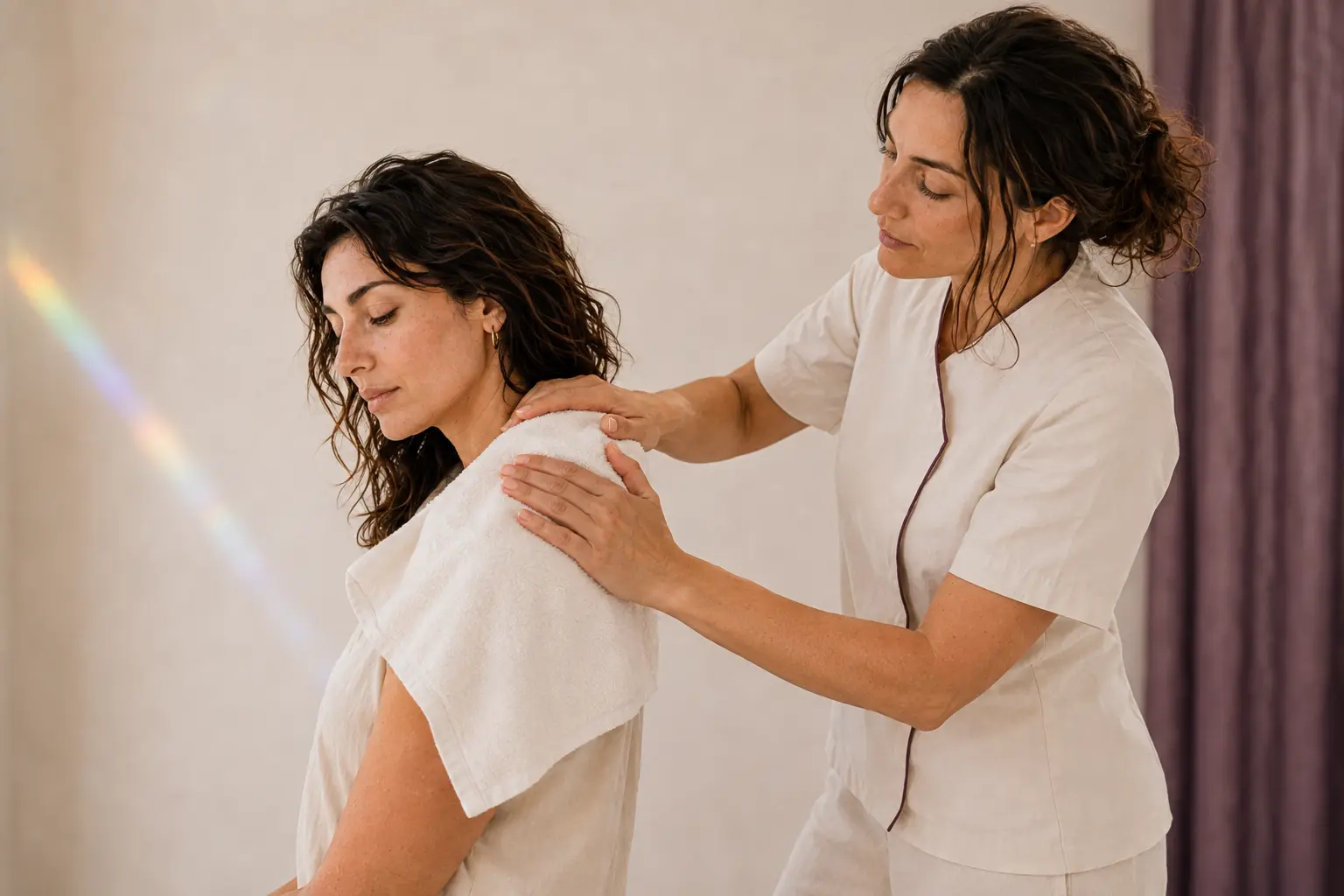 Professionista durante un massaggio sulle spalle di una cliente coperta